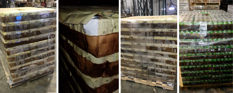 damaged pallets of beverage product due to leaking product and degraded can liners